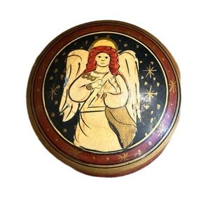 Vintage Solid Wood Box Round Trinket Angel Hand Painted on Lid Red Gold 3.5”